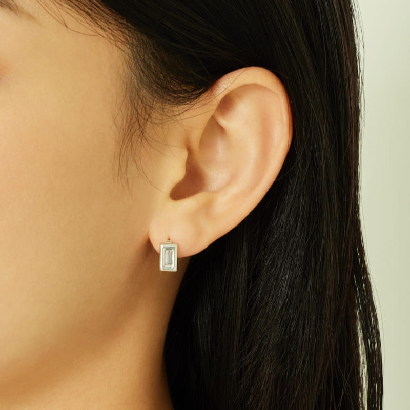 シルバー スクエア フレーム バゲット ワンタッチ ピアス / Silver Frame Baguette One Touch Earrings