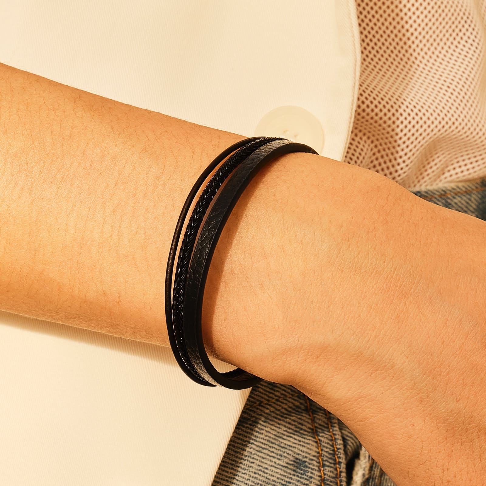 ワイヤー レザー 3ライン ブレスレット - ブラック / WIRE LEATHER THREE LINES BRACELET