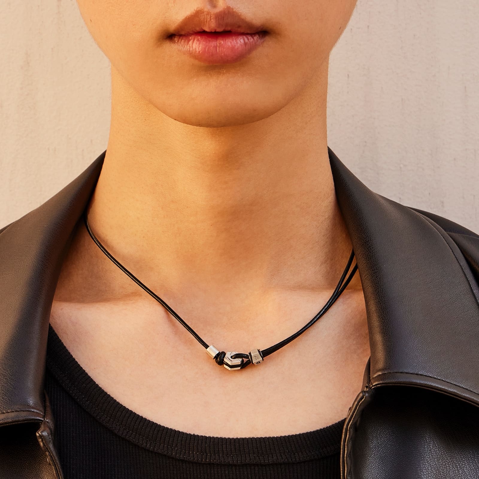 シルバー ヘキサゴン ナット レザー ネックレス / SILVER HEXAGON NUT LEATHER NECKLACE