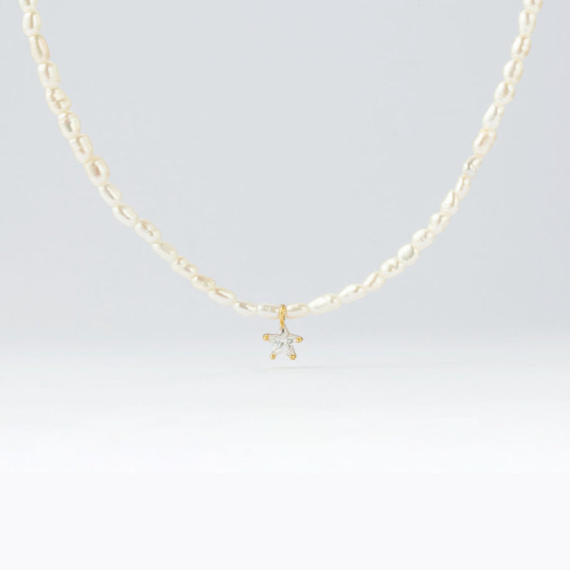 シルバー ライス パール スター ストーン ネックレス / Silver Rice Pearl Star Stone Necklace