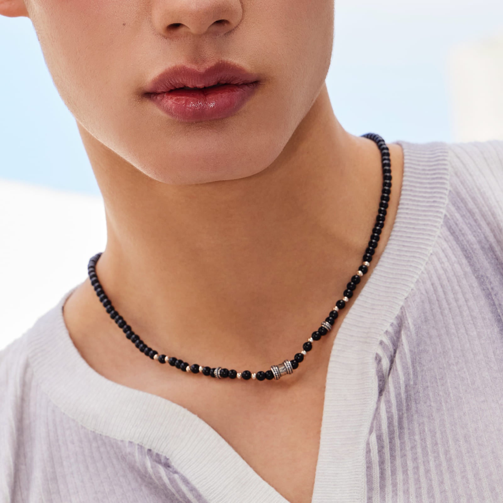 シルバー スクラッチ ペンダント ブラック ビーズ ネックレス / SILVER SCRATCH PENDANT BLACK BEADS NECKLACE