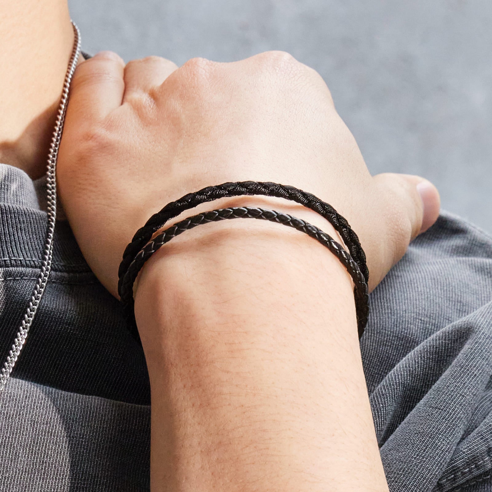 ベーシック レザー & ファブリック 2ライン ブレスレット / BASIC LEATHER & FABRIC TWO LINES BRACELET