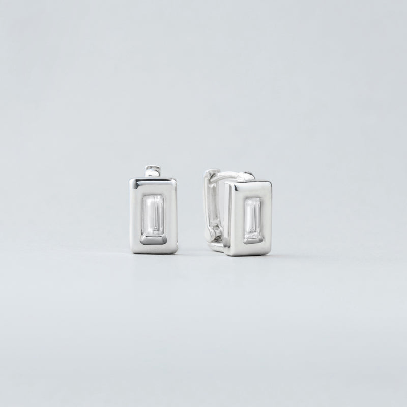 シルバー スクエア フレーム バゲット ワンタッチ ピアス / Silver Frame Baguette One Touch Earrings