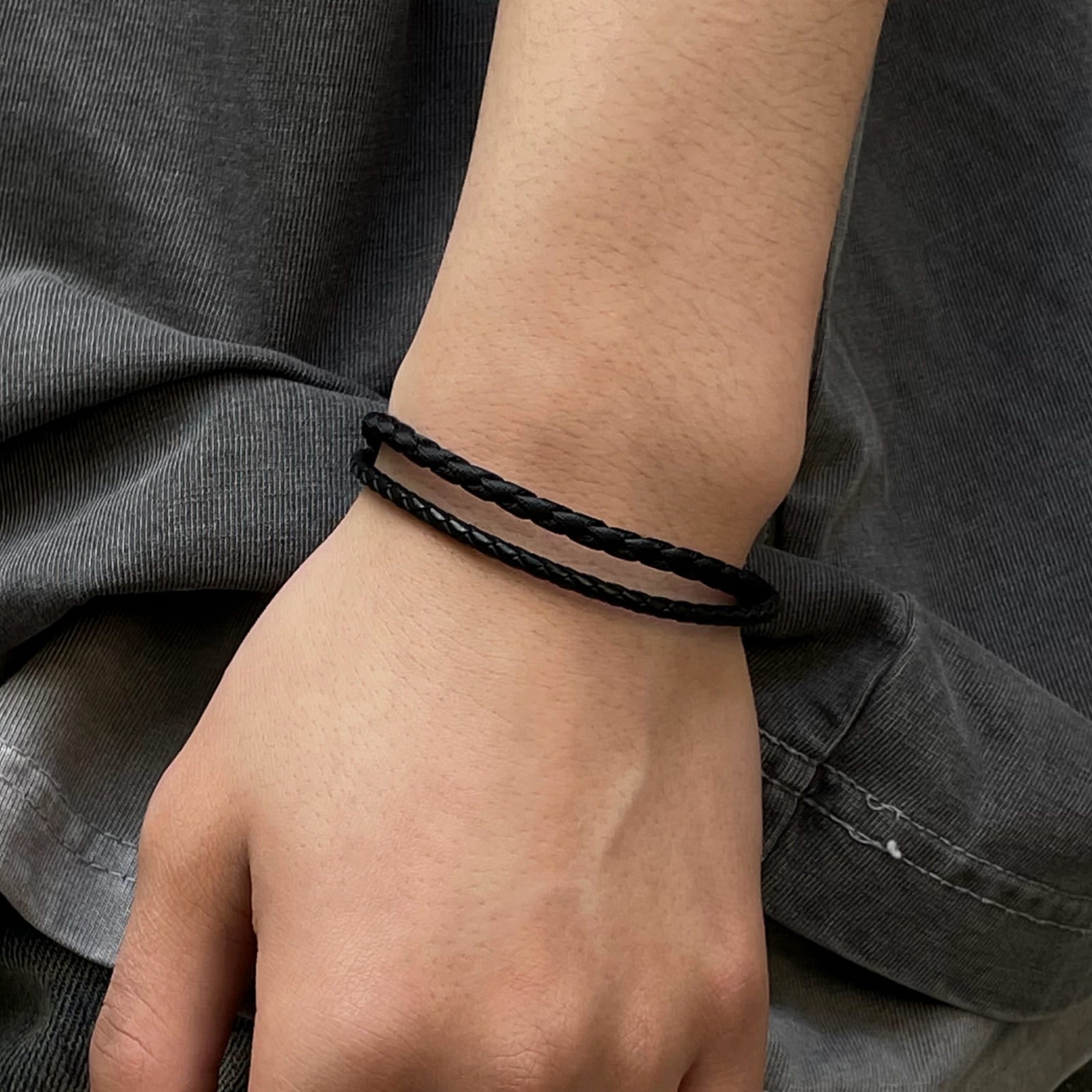 ベーシック レザー & ファブリック 2ライン ブレスレット / BASIC LEATHER & FABRIC TWO LINES BRACELET