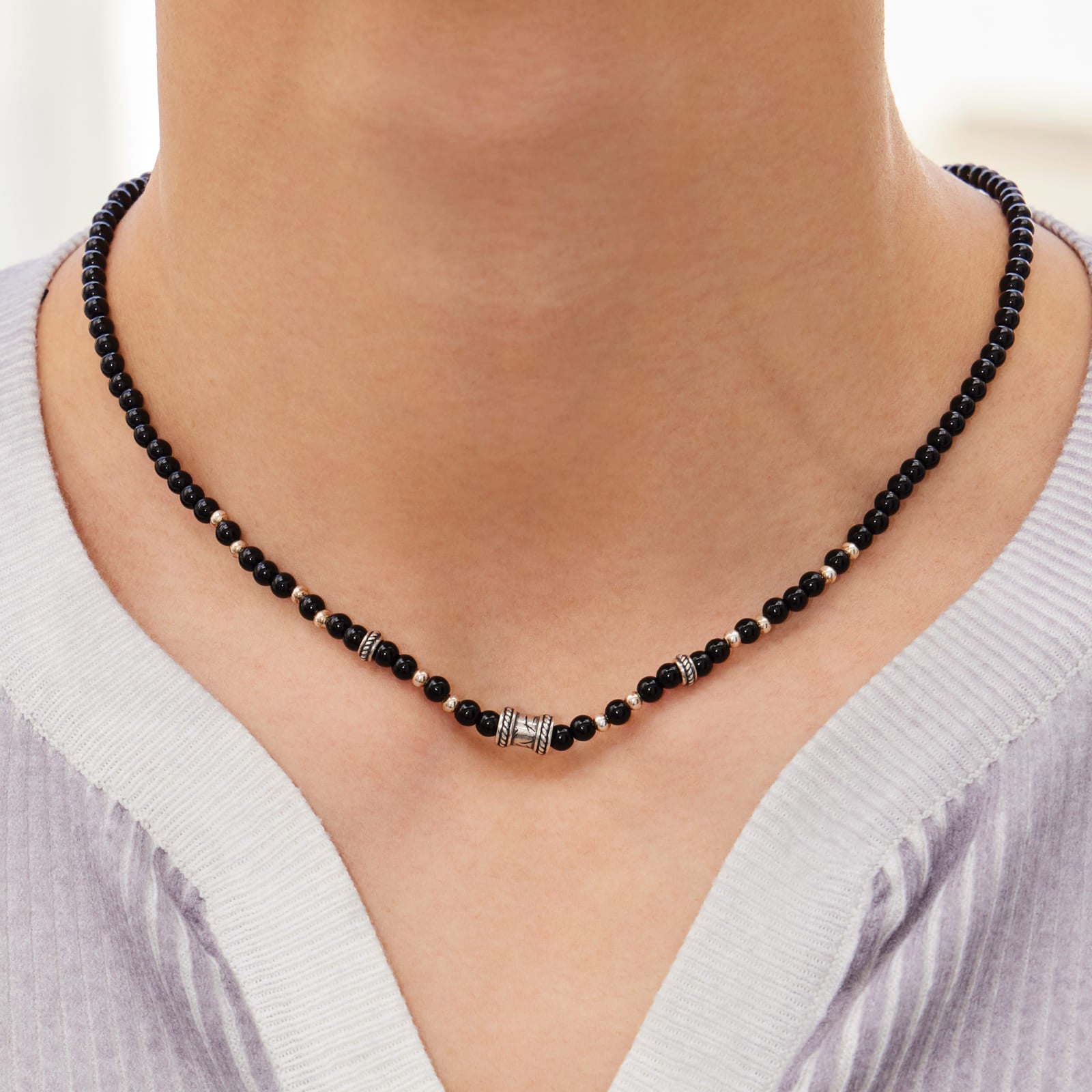 シルバー スクラッチ ペンダント ブラック ビーズ ネックレス / SILVER SCRATCH PENDANT BLACK BEADS NECKLACE