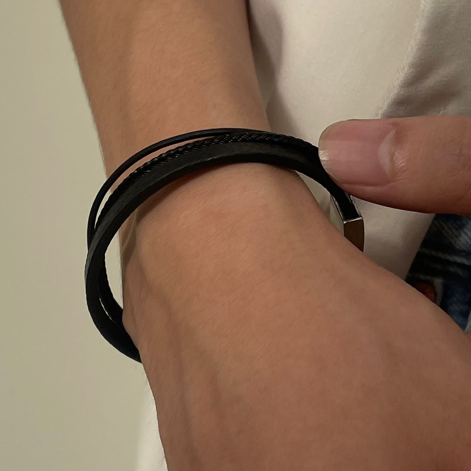 ワイヤー レザー 3ライン ブレスレット - ブラック / WIRE LEATHER THREE LINES BRACELET