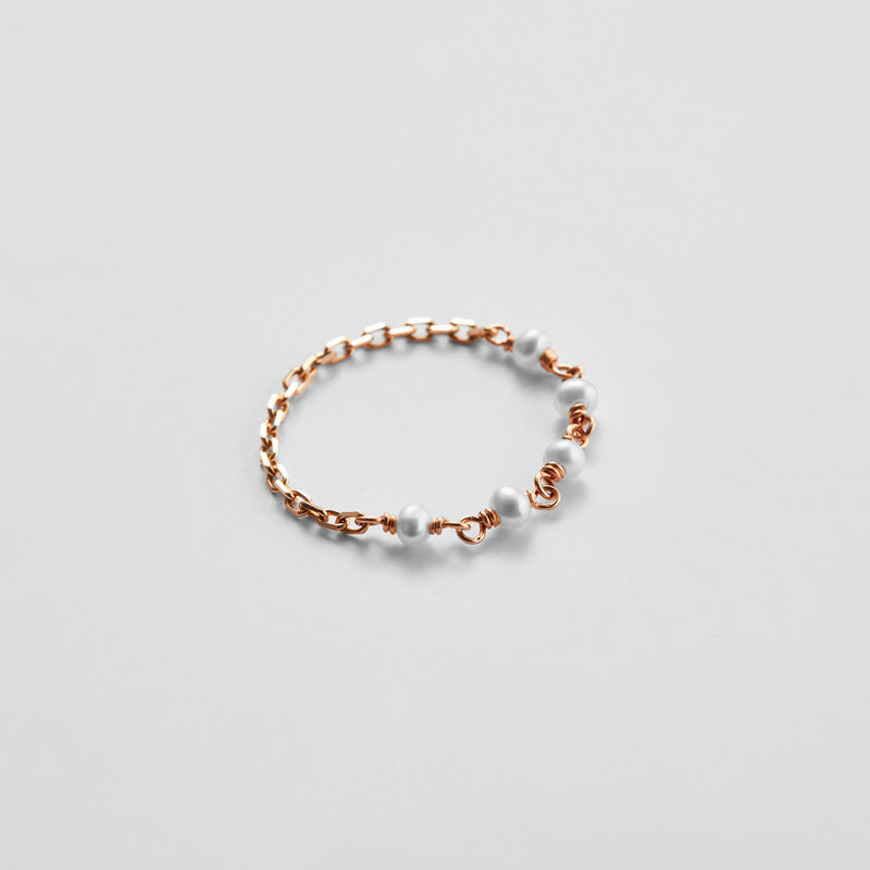 K14 ローズ ゴールド 淡水パール チェーン リング / 14K Rose Gold Freshwater Pearl Chain Ring
