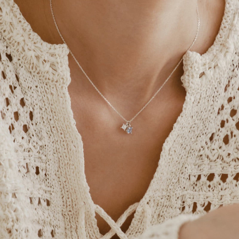 シルバー スクエア アクア ストーン ネックレス / Silver Square Aqua Stone Necklace
