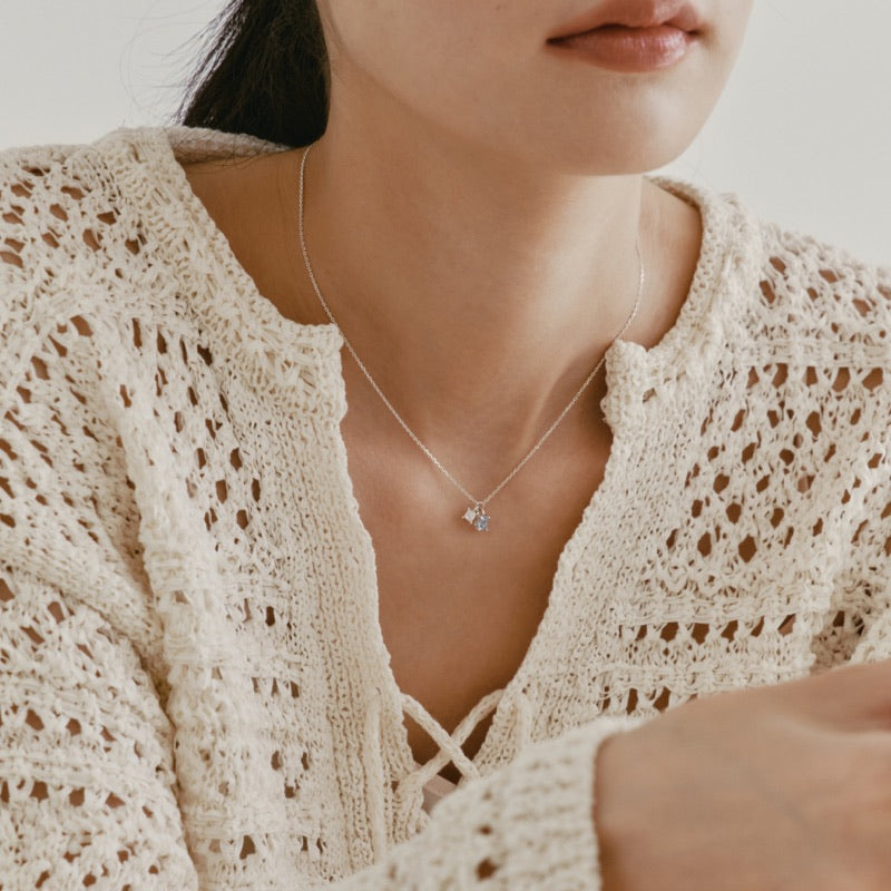 シルバー スクエア アクア ストーン ネックレス / Silver Square Aqua Stone Necklace