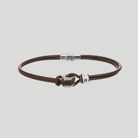 シルバー ヘキサゴン ナット レザー ブレスレット - ブラウン / SILVER HEXAGON NUT LEATHER BRACELET - BROWN