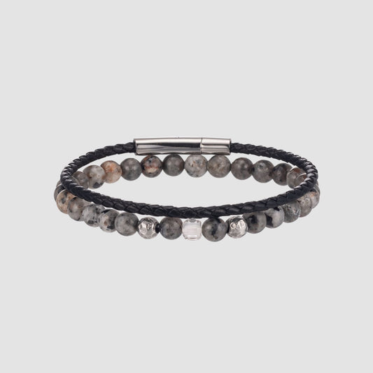 原石 ビーズ & レザー ブレスレット セット - グレー / GEMSTONE BEADS & LEATHER BRACELET SET - GREY