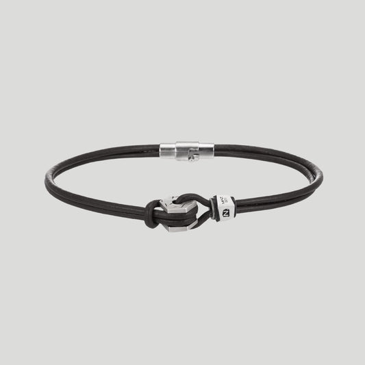 シルバー ヘキサゴン ナット レザー ブレスレット - ブラック / SILVER HEXAGON NUT LEATHER BRACELET - BLACK