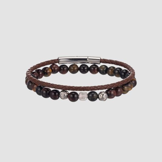 原石 ビーズ & レザー ブレスレット セット - ブラウン / GEMSTONE BEADS & LEATHER BRACELET SET - BROWN