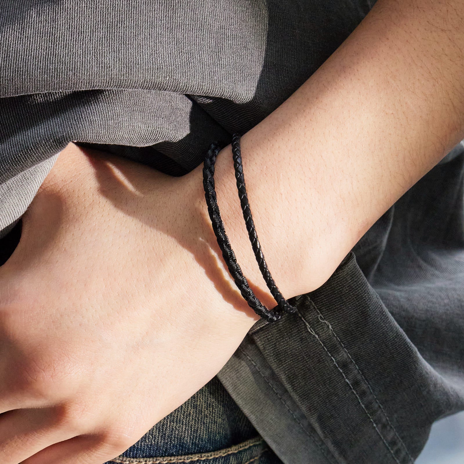 ベーシック レザー & ファブリック 2ライン ブレスレット / BASIC LEATHER & FABRIC TWO LINES BRACELET