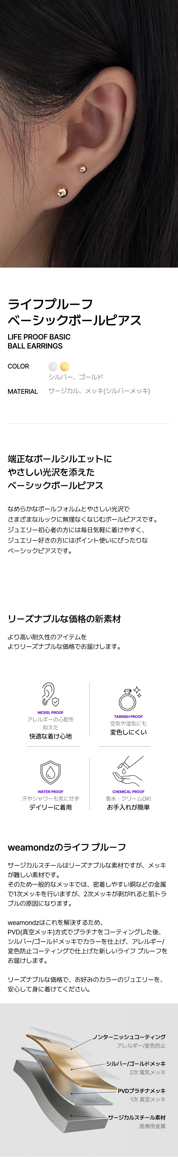 ライフプルーフ ベーシックボールピアス-ご注文後3日以内に出発！
