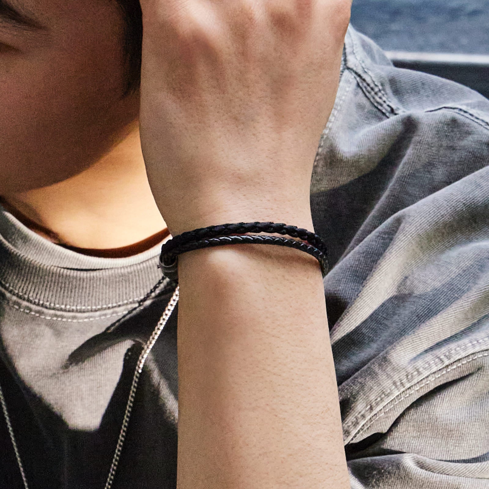 ベーシック レザー & ファブリック 2ライン ブレスレット / BASIC LEATHER & FABRIC TWO LINES BRACELET