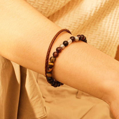 原石 ビーズ & レザー ブレスレット セット - ブラウン / GEMSTONE BEADS & LEATHER BRACELET SET - BROWN