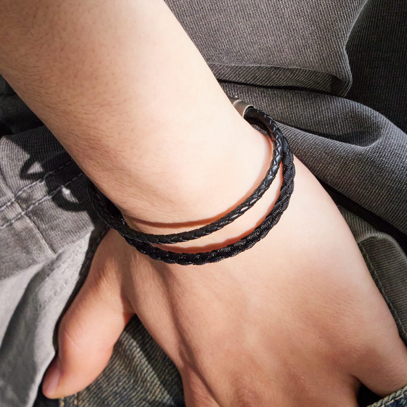 ベーシック レザー & ファブリック 2ライン ブレスレット / BASIC LEATHER & FABRIC TWO LINES BRACELET