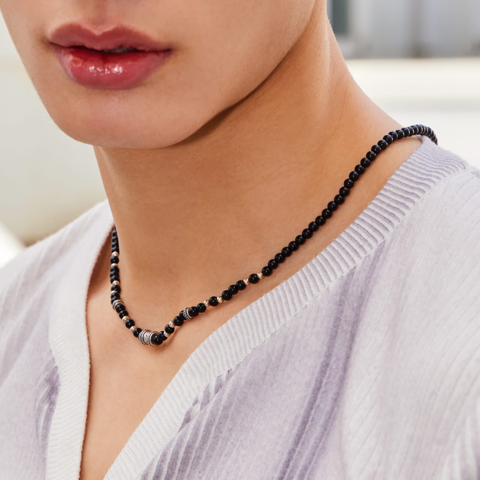 シルバー スクラッチ ペンダント ブラック ビーズ ネックレス / SILVER SCRATCH PENDANT BLACK BEADS NECKLACE