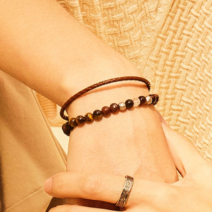 原石 ビーズ & レザー ブレスレット セット - ブラウン / GEMSTONE BEADS & LEATHER BRACELET SET - BROWN