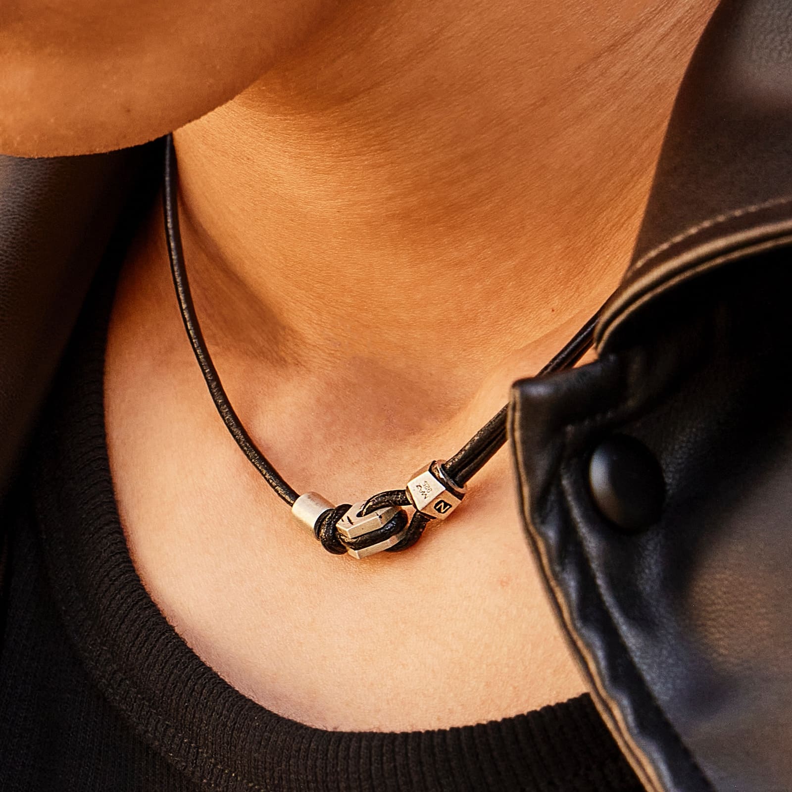 シルバー ヘキサゴン ナット レザー ネックレス / SILVER HEXAGON NUT LEATHER NECKLACE