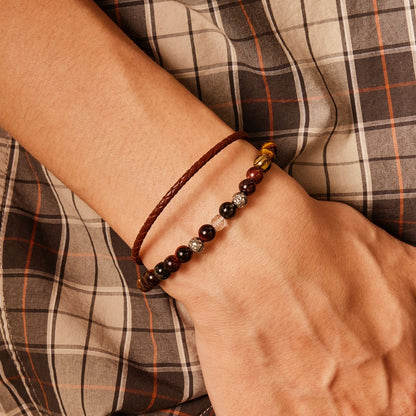 原石 ビーズ & レザー ブレスレット セット - ブラウン / GEMSTONE BEADS & LEATHER BRACELET SET - BROWN