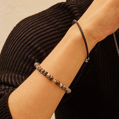 原石 ビーズ & レザー ブレスレット セット - グレー / GEMSTONE BEADS & LEATHER BRACELET SET - GREY