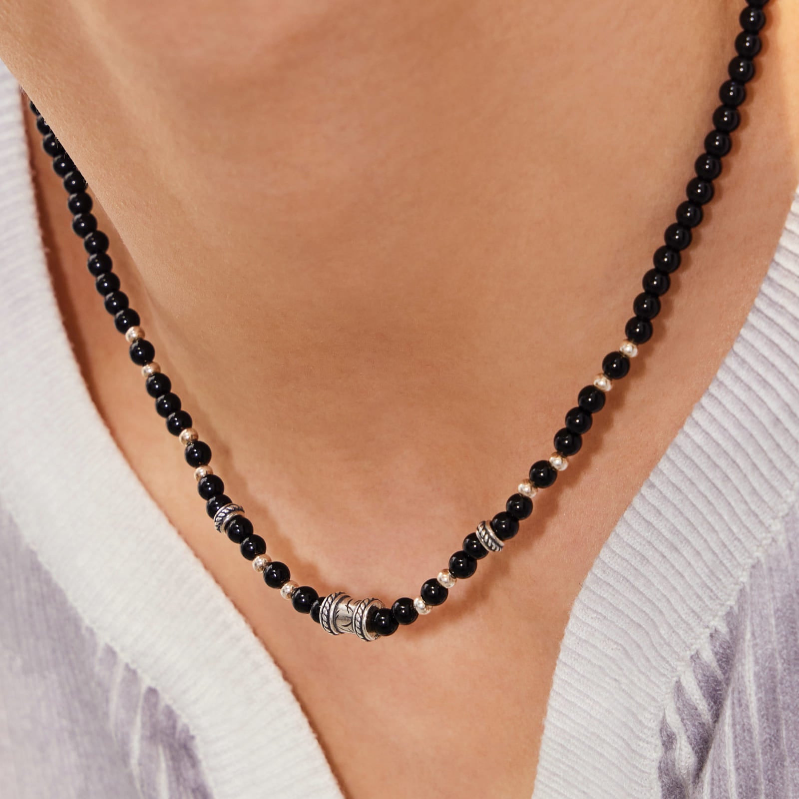 シルバー スクラッチ ペンダント ブラック ビーズ ネックレス / SILVER SCRATCH PENDANT BLACK BEADS NECKLACE