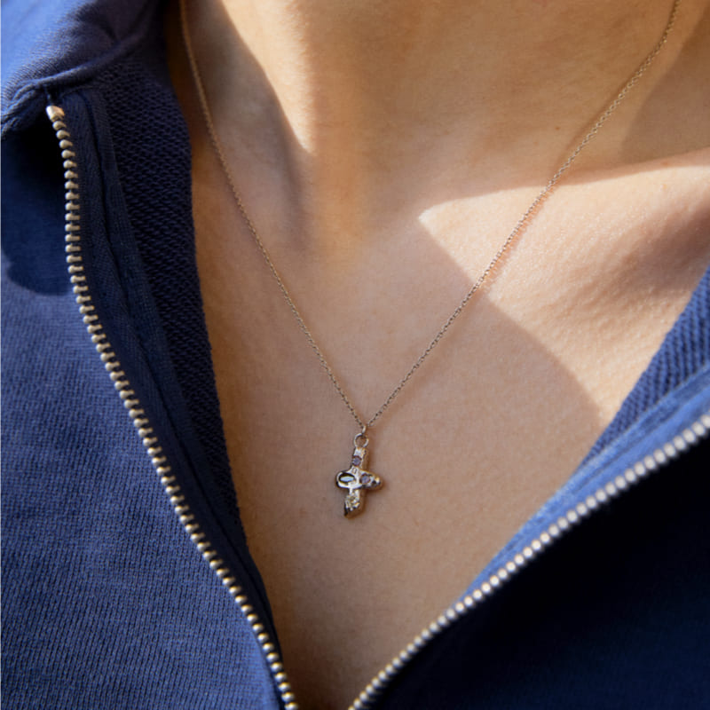 K14 マルチ ストーン ナチュラル クロス ネックレス / 14K Multi Stone Natural Cross Necklace