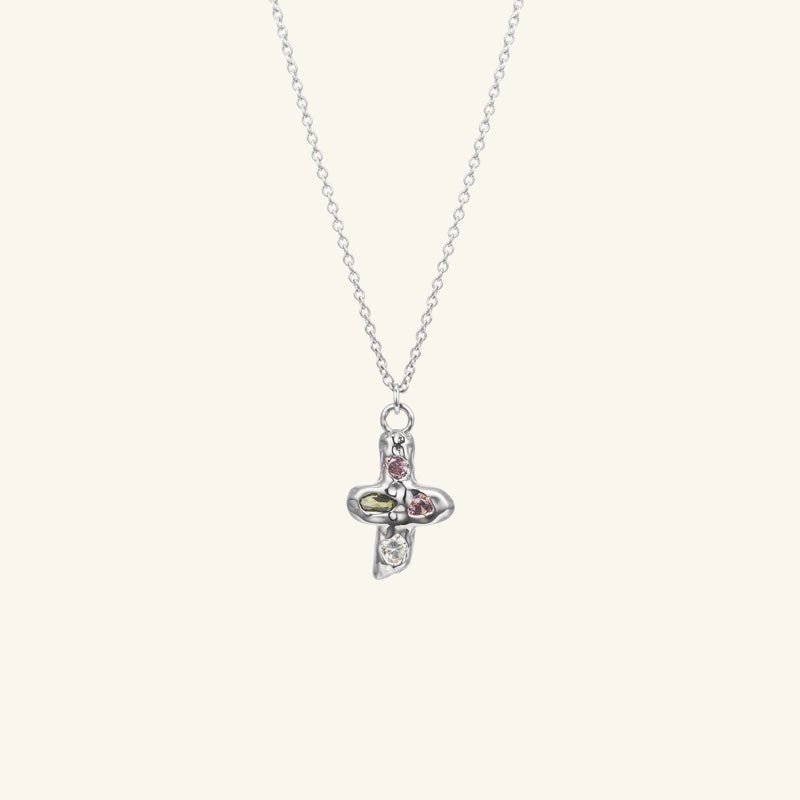 K14 マルチ ストーン ナチュラル クロス ネックレス / 14K Multi Stone Natural Cross Necklace