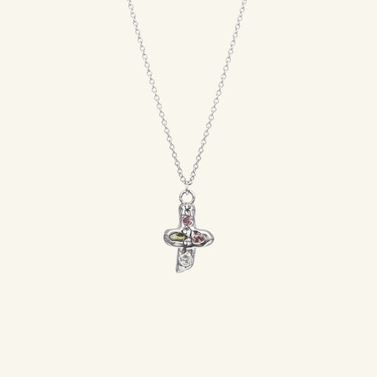 K14 マルチ ストーン ナチュラル クロス ネックレス / 14K Multi Stone Natural Cross Necklace