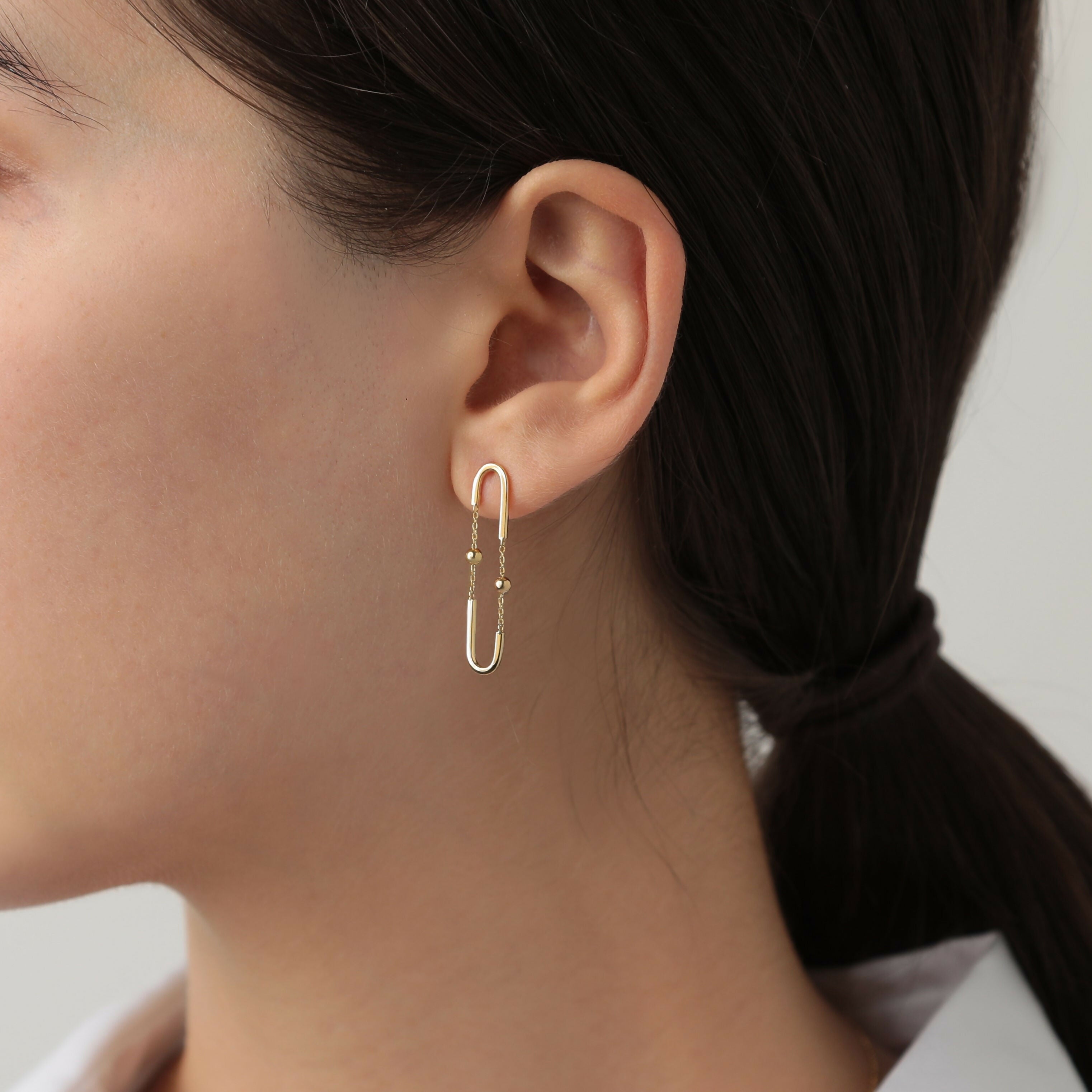 K18 中空 ペーパークリップ＆ミラーボール チェーンピアス / 18K Hollow Paper Clip & Mirror Ball Chain Earrings