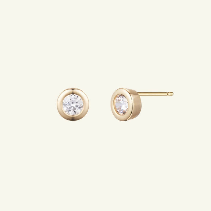 K14 K18 ラウンド ストーン ベゼル モチーフ ピアス / 14K 18K Round Stone Bezel Motif Earrings