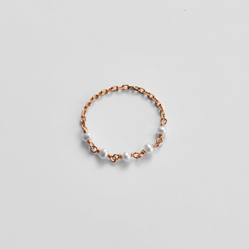 K14 ローズ ゴールド 淡水パール チェーン リング / 14K Rose Gold Freshwater Pearl Chain Ring
