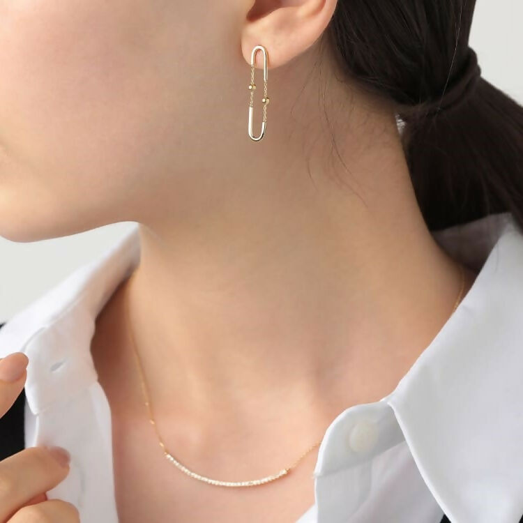 K18 中空 ペーパークリップ＆ミラーボール チェーンピアス / 18K