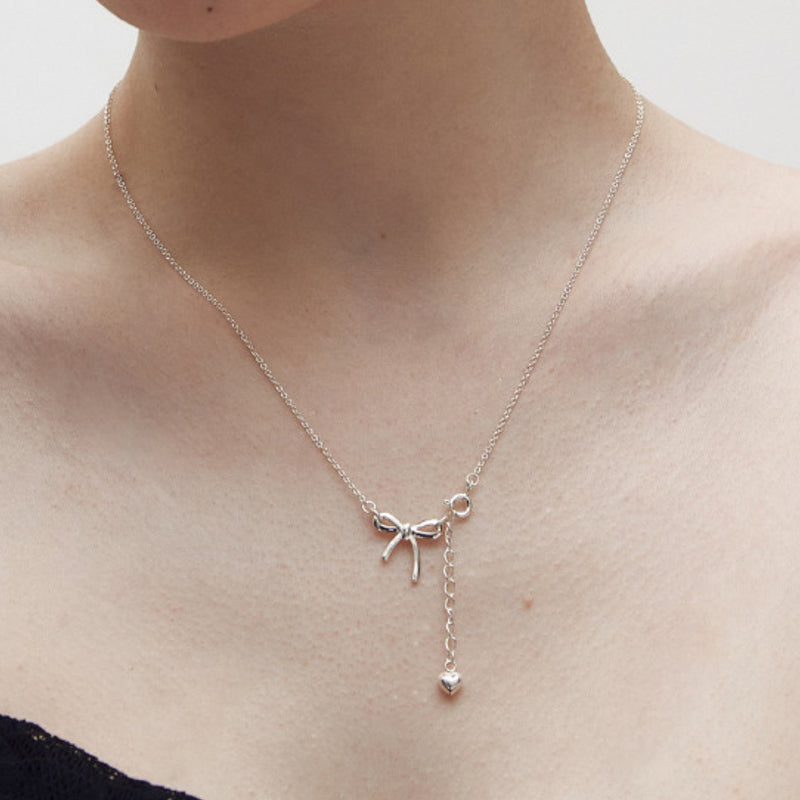 リボン ハート ドロップ ネックレス / Ribbon heart drop necklace (2 colors)
