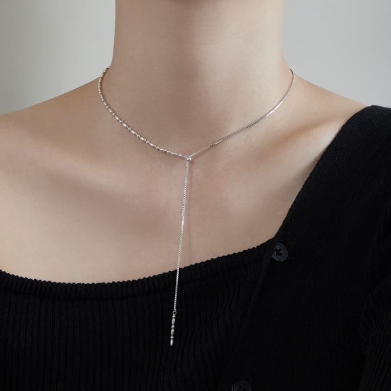 シルバー オーバル チェーン スライド ボール ネックレス / Silver Oval Chain Slide Ball Necklace