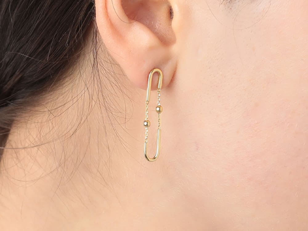 K18 中空 ペーパークリップ＆ミラーボール チェーンピアス / 18K