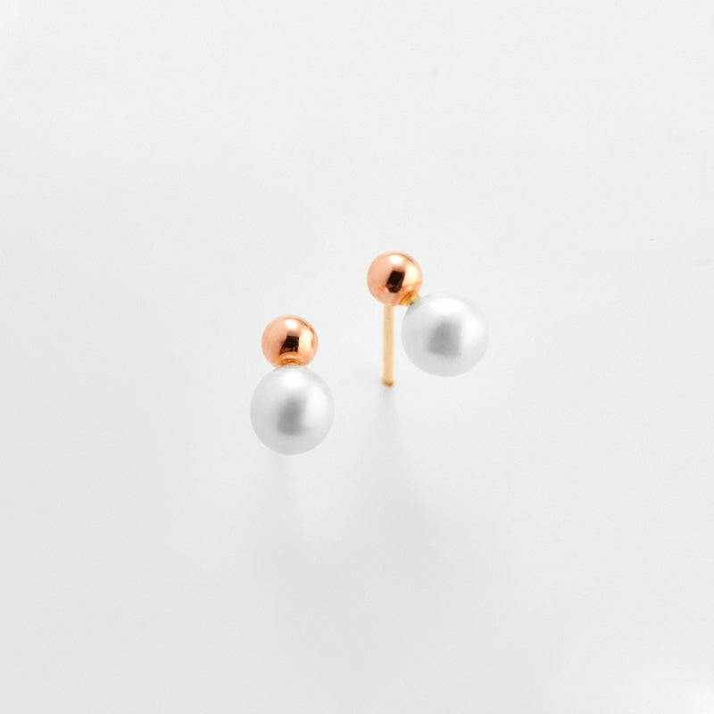 K14 ローズ ゴールド ダブル パール ボール ピアス / 14K Rose Gold Double Pearl Ball Earrings