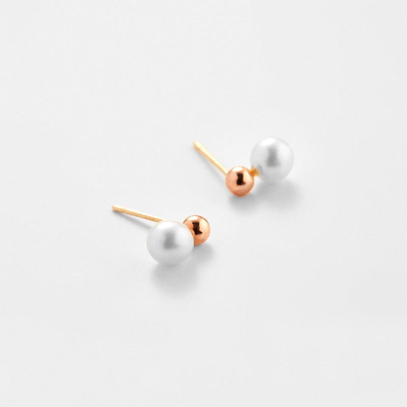 K14 ローズ ゴールド ダブル パール ボール ピアス / 14K Rose Gold Double Pearl Ball Earrings