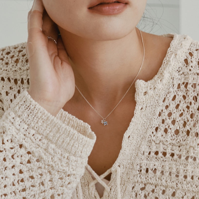シルバー スクエア アクア ストーン ネックレス / Silver Square Aqua Stone Necklace